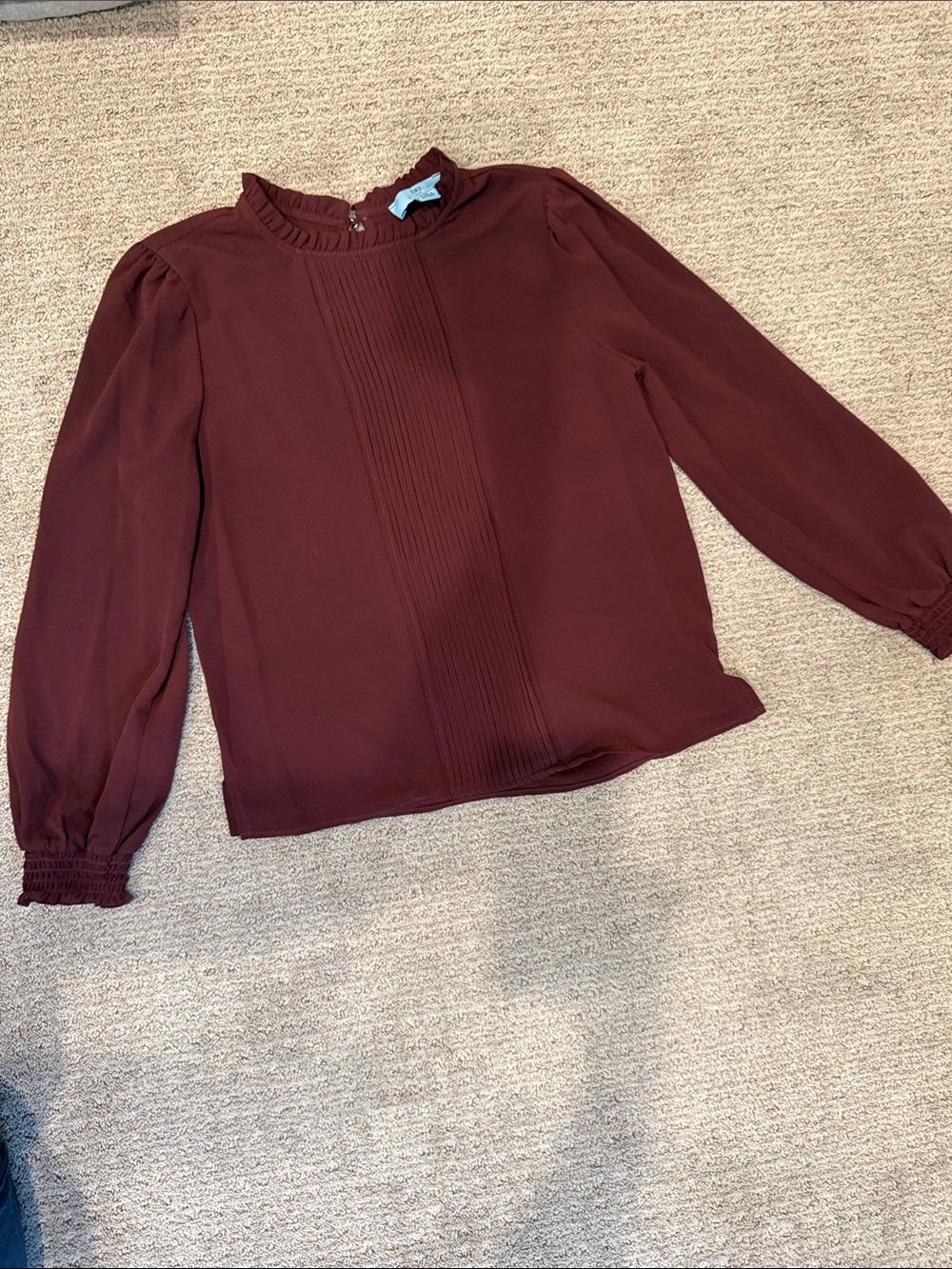 CeCe Burgundy Pintuck Ruffle Neck Blouse